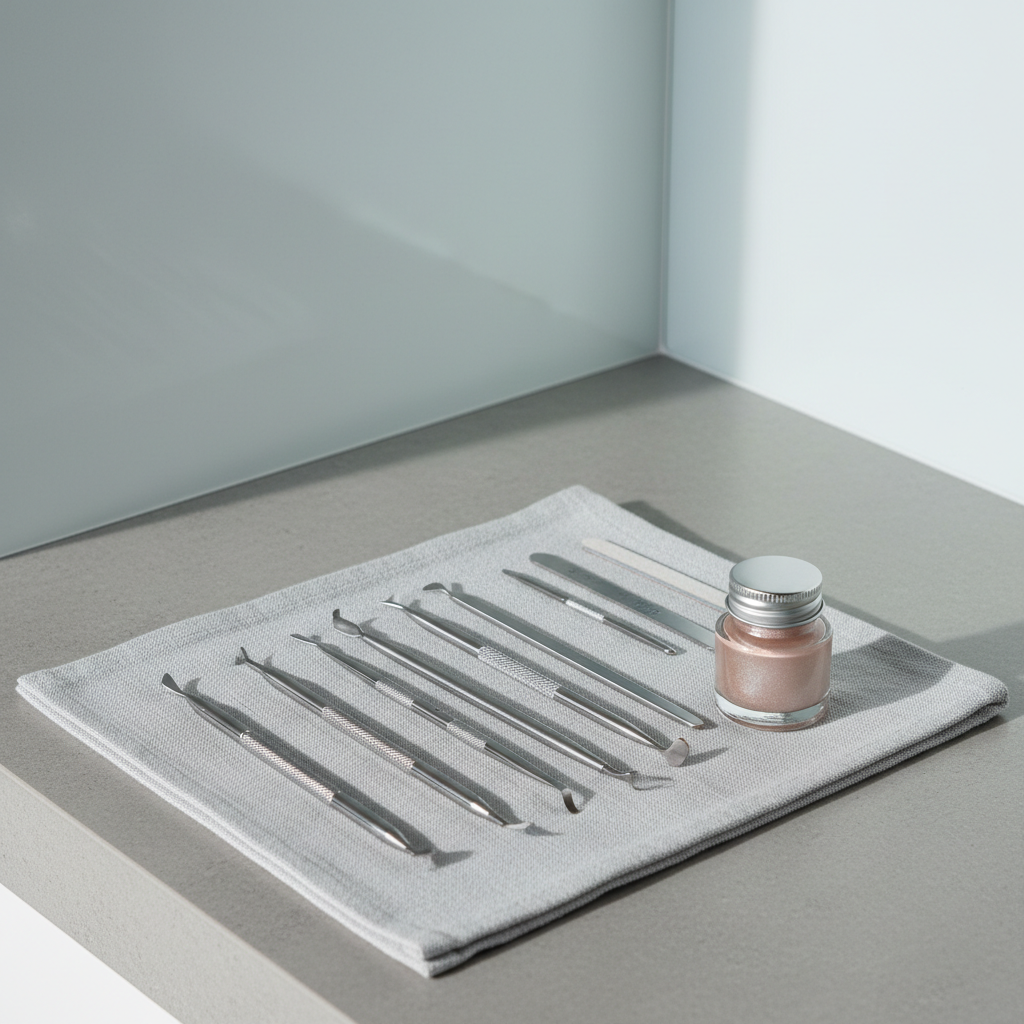 A carefully arranged still life of professional manicure tools—sleek stainless steel cuticle pushers, fine files, and a small glass jar of shimmering gel—resting on a pristine, pale grey linen towel. These tools are positioned on a smooth, muted stone countertop in the corner of a softly lit treatment space, with subtle gradients cast on the background wall. Cool, indirect daylight illuminates the arrangement, producing clean highlights and soft, diffused shadows that feather out elegantly. The overall atmosphere is refined and tranquil, with a minimalist, photographic style that accentuates the quality and cleanliness of the tools. Shot from a gentle overhead perspective, the composition follows the rule of thirds with ample negative space, gently guiding the viewer’s eye across the scene in an understated, sophisticated fashion.